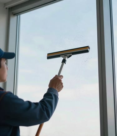 A professional window cleaner using a squeegee on a large pane of glass in a bright, modern office. Soft frost white and pale sky blue reflections are visible on the clear surface. High-key lighting, professional atmosphere.