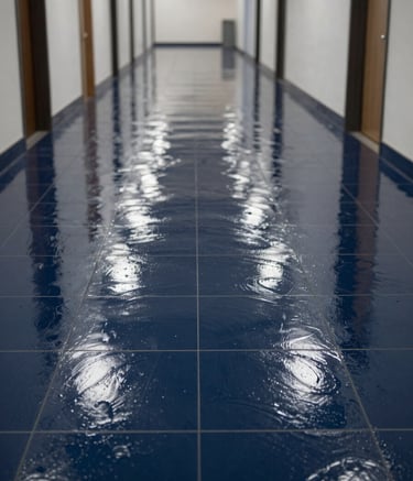 A low-angle shot of a wide, glossy commercial hallway floor that has been freshly stripped and waxed. The dark navy blue tile surface reflects light perfectly. The environment is smooth, open, and immaculate.