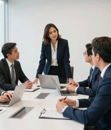 A group of South American financial experts in professional attire working together in a bright, modern corporate meeting room. Clean lines and Pearl White background colors.