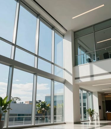 A clean, modern South American office building lobby with high glass windows and sunlight, reflecting a professional and secure atmosphere. Soft Sky Blue and Pearl White accents in the environment.