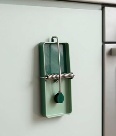 A close-up photograph of a professional-grade humane pest trap placed discreetly against a soft mint white wall in a modern North American / US kitchen, featuring clean lighting and reflecting the professional brand colors of deep forest green and sage green.