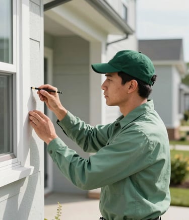 A professional pest control technician wearing a clean sage green uniform and deep forest green cap, inspecting the exterior of a modern North American / US home. Bright, natural lighting in a clean suburban environment.