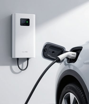 Close-up of a modern electric vehicle charging cable plugged into a car in a bright, clean garage, a sleek white solar battery unit with a digital display is mounted on the wall nearby, Central European setting.