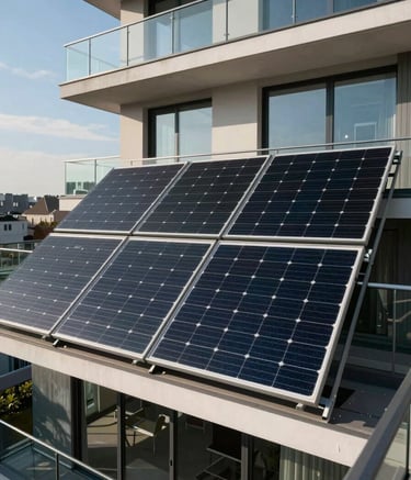 Sharp photography of four high-efficiency black solar panels installed on a modern glass balcony of a Central European apartment building, reflecting a clear blue sky, bright afternoon lighting.