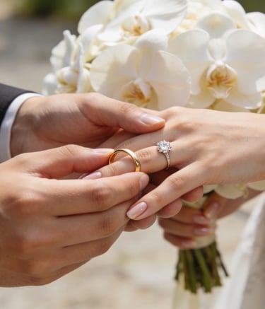 Wedding band placed beside a diamond engagement ring, symbolizing a lifelong commitment.