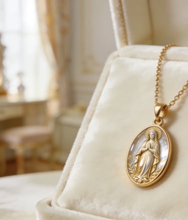 Gold Marian pendant displayed on an ivory velvet jewelry stand in a refined interior.