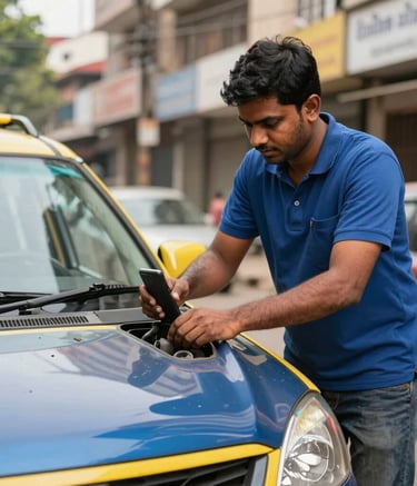 A modern mobile car service setup in a Bangalore neighborhood with a South Asian / Indian mechanic working on a vehicle, bright daylight, professional and efficient vibe with blue and yellow color accents.