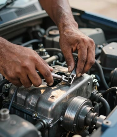 Detailed close-up of a South Asian / Indian mechanic's hands using professional tools to inspect a car engine, sunlight reflecting off metal parts, warm and trustworthy atmosphere, deep blue and silver tones.
