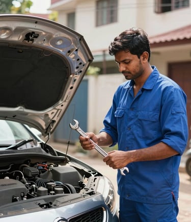 A professional South Asian / Indian mechanic in a blue uniform standing next to a car with an open hood in a sunny residential area in Bangalore, holding a wrench, clean and modern automotive service aesthetic.