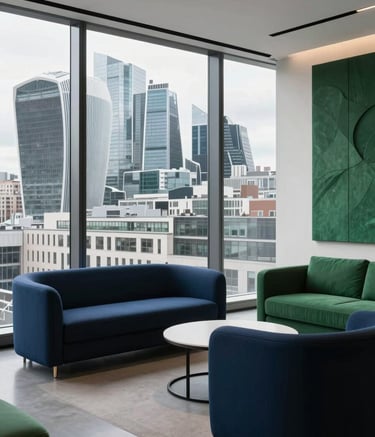 An ultra-professional, minimalist office interior in London with a view of modern skyscrapers. The lighting is bright and clean. Accents of deep navy blue and emerald green appear in the furniture and decor. A sophisticated, tech-forward environment.
