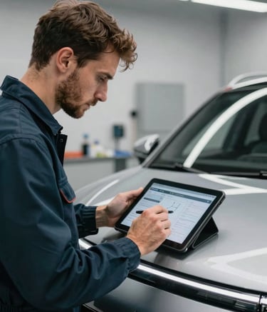A high-end, detailed close-up of a professional automotive technician in dark midnight teal workwear using a digital tablet to inspect a sleek silver car inside a clean, modern Central European / Polish service station with soft lighting.