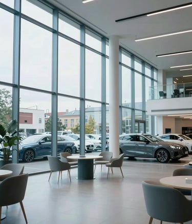 A wide photography shot of a spacious, ultra-modern car showroom with floor-to-ceiling glass windows in a Central European / Polish city. The space is bright and airy with soft light steel blue accents and minimalist furniture.
