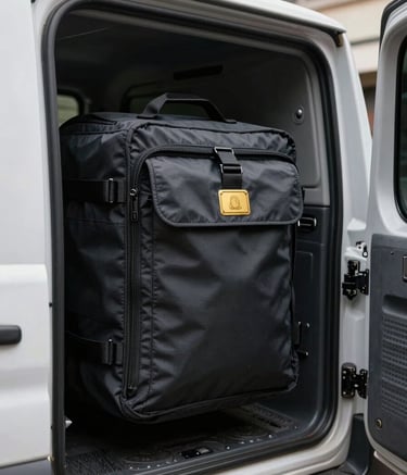 Close-up photography of a heavy-duty, tamper-evident courier pouch with a gold-colored security seal being loaded into a reinforced compartment of a specialized transport vehicle in a South American urban setting.