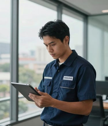 Photography of a modern South American corporate office with large glass windows, featuring a focused professional in a dark blue logistics uniform checking a digital tablet, symbolizing precision and modern professionalism in courier services, soft natural lighting.