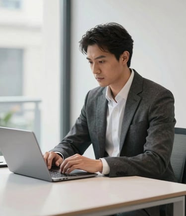 Professional photography of a business consultant in a modern, bright office in a Spanish city, sitting at a clean desk with a laptop, reflecting a premium and efficient mood, colors: white, dark gray, and light gray.