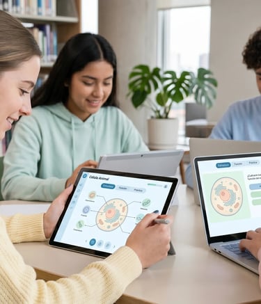 Aplicación educativa con interfaz clara y elementos interactivos para estudiantes.