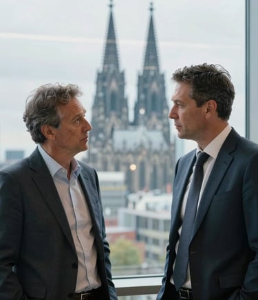 Two business professionals in tailored suits having a serious discussion near a large window, blurred city skyline of Köln in the background, sophisticated indoor lighting, soft blue and off white color palette, Central European professional setting.