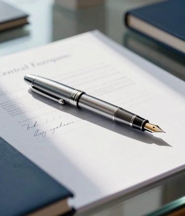 Close-up of a high-end silver fountain pen resting on signed financial documents, soft morning light hitting a glass table in a modern Köln office, deep navy and steel blue accents, professional atmosphere, Central European style photography.