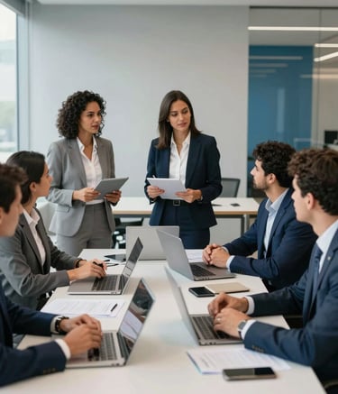 A professional business setting in Brazil, showing a dynamic sales strategy session, modern workspace with light gray and blue accents, professional South American team collaborating in an airy environment, sharp focus, clean composition, high-end commercial photography.