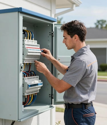 Photography of a professional electrician wearing clean work attire, inspecting a modern electrical panel in a bright North American / US residential garage. The scene uses Light Mist and Sky Blue accents. Natural daytime lighting, sharp focus.