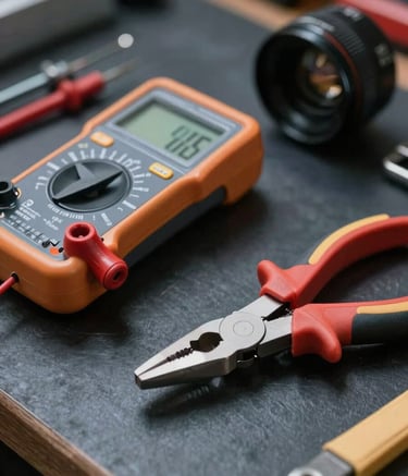 Close-up photography of professional electrical tools, like a multimeter and insulated pliers, arranged neatly on a Dark Navy workbench in a North American / US workshop. Soft, efficient lighting emphasizing metal textures and precision, with Slate Gray accents.