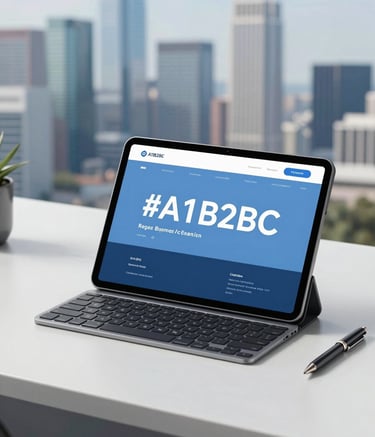 A professional desk view featuring a high-end tablet and a pen, with a blurred background of a modern financial district skyline. The image uses cool tones like #A1B2BC and #336B87 to emphasize a tech-forward, modern professional atmosphere for business setup.