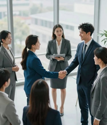 A high-angle shot of a diverse group of professional consultants shaking hands in a bright, modern corporate office. The scene is illuminated with soft natural light coming through floor-to-ceiling windows. The color palette includes hints of #336B87 and #1A202C in the business attire and furniture, conveying success and unwavering expertise.