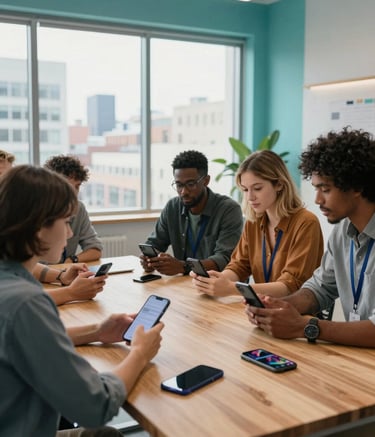 A professional North American creative studio with a group of diverse developers collaborating around a large wooden desk, looking at mobile phone prototypes. The space is modern with teal and light blue accents and large windows showing a bright city morning.