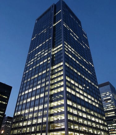A wide-angle shot of a modern corporate skyscraper at dusk, with windows glowing in cool off-white and a clear sky in deep steel blue, conveying a professional Global / Corporate city environment.