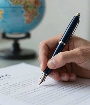 Close-up photography of a professional's hand using a dark navy blue fountain pen to sign a trade contract, with a blurred globe and a soft sky grey document in the background, set in a modern Global / Corporate office.