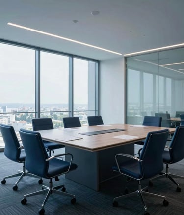 Wide shot of a contemporary professional meeting room in Southern Europe, featuring glass walls and natural light. The aesthetic is clean and corporate, utilizing a palette of deep blue and pale blue for a sense of trust and order.