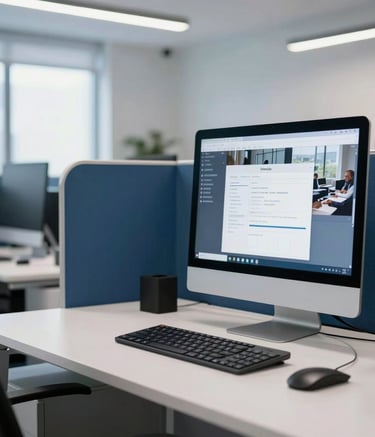A bright, clean Southern European office interior with deep blue and soft white accents. A professional desk setup features a modern computer showing business software, reflecting efficiency and precision in an Italian corporate environment.