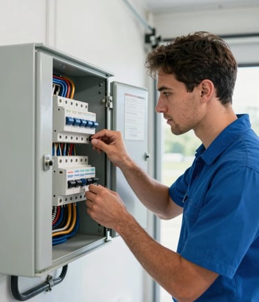 A professional electrician in a clean uniform inspecting a modern circuit breaker panel in a well-lit residential garage in North America / US. The scene is sophisticated and bright, highlighting technical expertise with accents of sky blue and light gray.