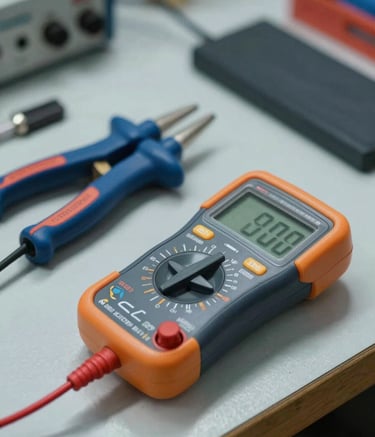 A close-up photograph of specialized professional electrical tools and a digital multimeter sitting on a clean workbench in a North American / US technical workshop. The lighting is bright and clear, emphasizing efficiency and modern technology with a palette of steel blue and dark navy.