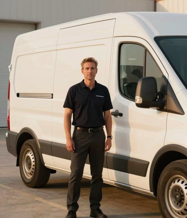 A professional driver in a North American / US logistics hub, standing confidently next to a modern white van. The lighting is warm and golden, reflecting off surfaces with soft sand and cream tones. The composition is clean and minimalist, echoing a premium service aesthetic.