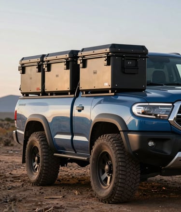A powerful pickup truck parked in a rugged South American landscape, featuring a heavy-duty, matte black anti-theft storage box from Boks. The lighting is dramatic morning sunlight, highlighting the industrial strength and metallic textures. Colors include steel blue and dark navy.