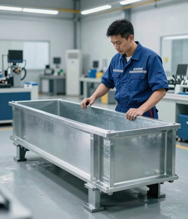 A professional industrial workshop in Argentina. An engineer is inspecting a heavy-duty steel pickup box. The environment is clean, modern, and lit with bright, cold industrial lighting, emphasizing steel blue and ghost white tones.