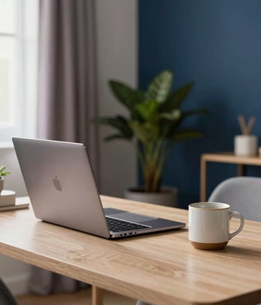 A cozy and sophisticated home office in Brazil, featuring a clean wooden table with a high-end laptop and a ceramic mug. In the background, a soft-focused indoor plant and a window with light violet curtains. Professional yet relaxed photography style with off-white and deep blue tones.