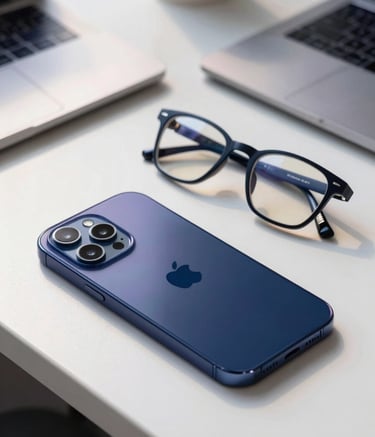 A close-up of a modern smartphone and a pair of professional glasses resting on a sleek white desk in a South American office. Soft afternoon sunlight highlights textures of the desk. The scene uses a sophisticated palette of deep blue and light lavender to convey trust and innovation.