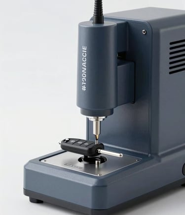 A high-precision electronic car key cutting machine in operation, illuminated by clean studio lighting. The scene highlights technical efficiency and cutting-edge technology, using a color palette of #1A202C and #A0AEC0 for a professional feel.
