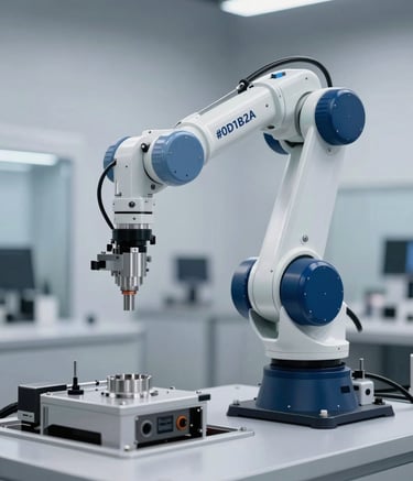 A high-tech industrial automation setup featuring a robotic arm and a control interface. The aesthetic is clean and professional with sharp lines, incorporating the brand colors #0D1B2A and #415A77. Soft studio lighting highlights the precision of the engineering components.