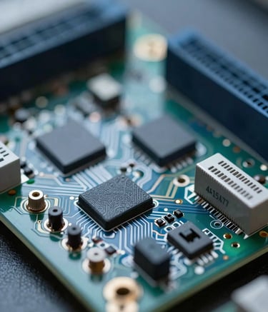 Close-up of a sophisticated electronic circuit board and control hardware designed for custom automation. Sophisticated lighting, shallow depth of field, reflecting a mood of technical excellence and cutting-edge innovation. Colors include #415A77 and metallic silver accents.