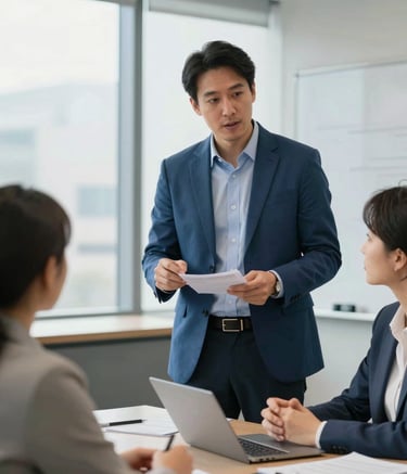 A professional North American male educator in a modern meeting room, explaining financial concepts to a focused couple, bright airy atmosphere, blue professional attire.