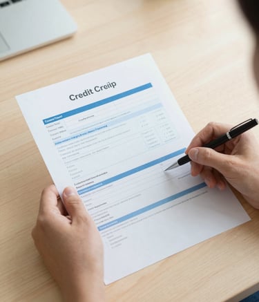 A top-down view of a person's hands reviewing a paper credit report on a light wood desk in a North American home, clean and organized workspace, medium blue and white color palette.