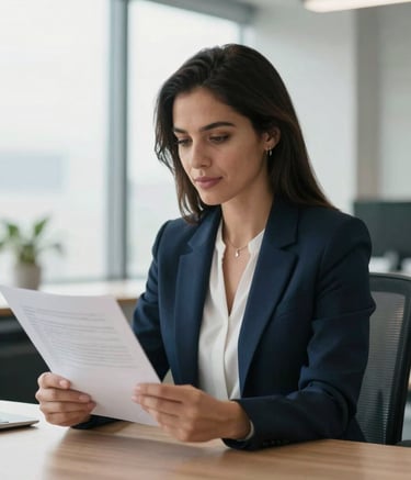 A professional North American woman in a bright, modern office looking confidently at a financial document, soft natural light, clean professional setting with deep navy blue accents.