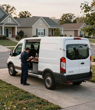 A wide-angle shot of a professional mobile service van parked in a clean North American suburban driveway. A technician in a Dark Navy uniform is organized and efficient, preparing tools. The scene conveys reliability and security under the soft morning light of a US neighborhood.