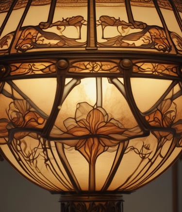 A colorful, circular stained-glass lampshade is illuminated by a central light. The lampshade features intricate geometric patterns and bold colors, including red, green, yellow, and blue, forming a vibrant and visually striking design. The dark background enhances the vividness of the colors and patterns.