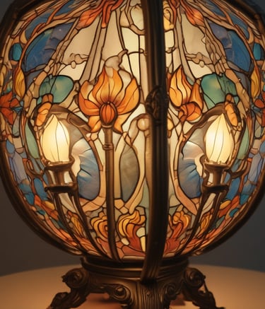 A cluster of colorful, geometric lampshades is arranged closely against a dark background. The lampshades vary in color, with hues of purple, blue, yellow, and orange, creating a vivid contrast with the black backdrop. The light emanating from the lamps is soft, adding an artistic touch to the overall composition.