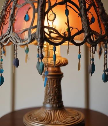 A circular woven lampshade with a warm light bulb in the center, casting intricate shadows and patterns on the inside surfaces.