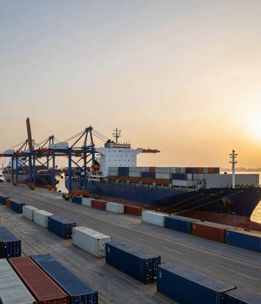 A wide-angle professional photograph of a bustling modern port in the Middle East during the golden hour. Large cargo ships are docked near rows of dark blue and white containers, with the sunset casting a warm golden glow over the scene.
